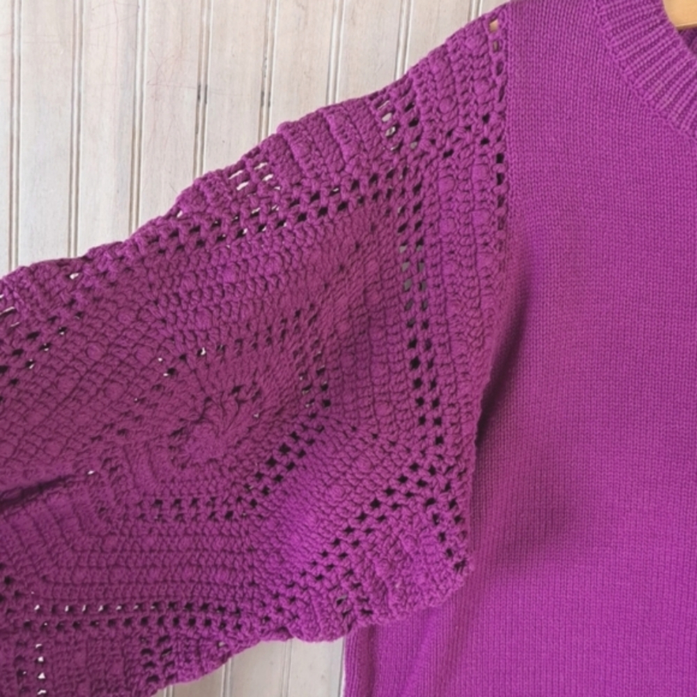 Fate Handknit Puff Crochet Sleeve Knit Sweater Cotton Blend Boho Soft Purple - Picture 6 of 10